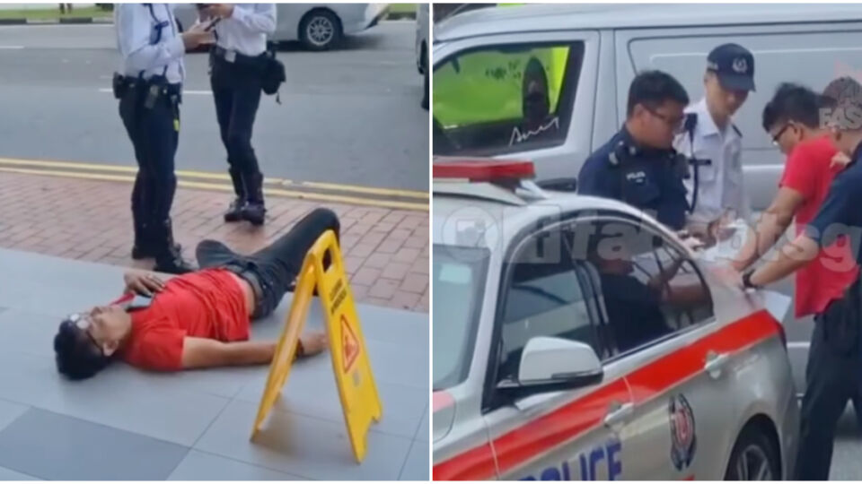 Screenshots from videos showing a man passed out and being arrested by police along Jalan Sultan yesterday. Photos: Sgfollowsall/Instagram, Fabrications About Singapore/Facebook
