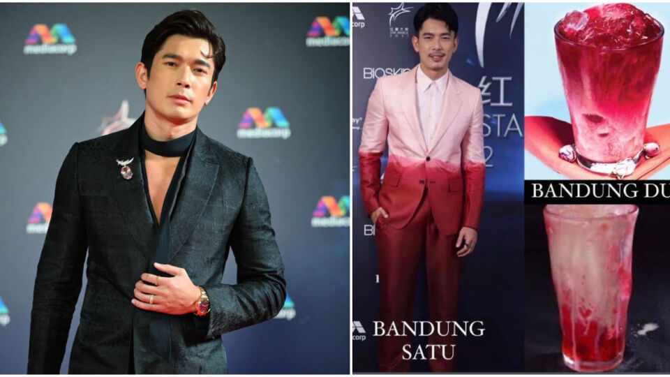 At left, Singapore actor Elvin Ng at the Star Awards 2023, and him in his two-toned pink suit at the Star Awards 2021, at right. Photos: Elvin Ng/Facebook, Dennis Lim/Facebook
