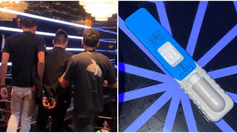 At left, a man getting arrested by CNB at a nightlife establishment over the weekend, and a positive saliva test kit, at right. Photos: Central Narcotics Bureau 
