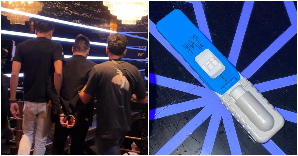 At left, a man getting arrested by CNB at a nightlife establishment over the weekend, and a positive saliva test kit, at right. Photos: Central Narcotics Bureau 
