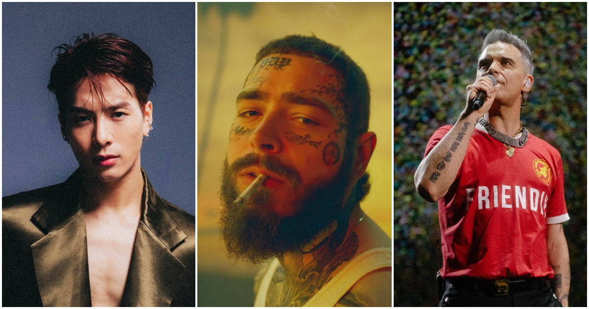 From left to right: Jackson Wang, Post Malone and Robbie Williams. Photos: Jackson wang/Facebook, Post Malone/YouTube, Robbie Williams/Instagram
