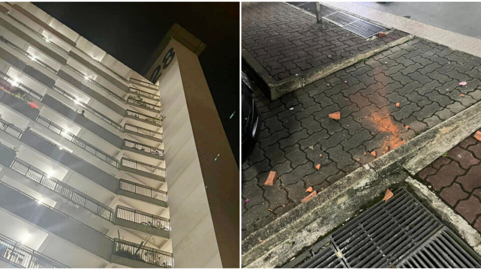 At left, Block 28 in Jalan Bukit Merah and a broken red brick at the carpark, at right. Photos: Erwin Tan/Facebook
