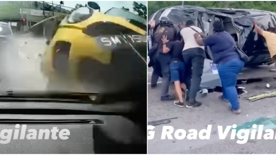 Screenshots from videos showing a Singaporean-plated Mini Cooper crashing into a stationary Malaysian vehicle in Kluang, Johor. Photo: Ainzaabar/Twitter, SG Road Vigilante/YouTube
