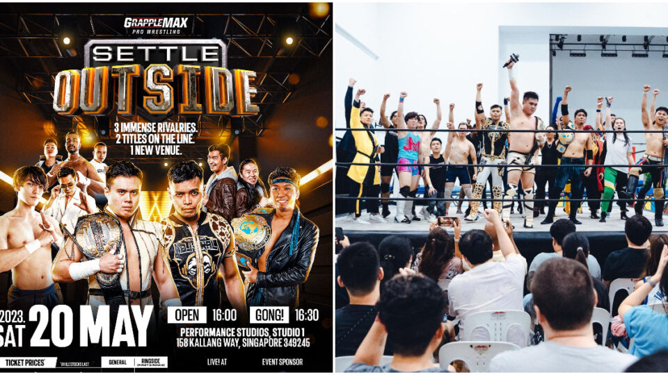 At left, the promotional poster for the upcoming ‘Settle Outside’ show, and wrestlers at Causeway Jam wrestling event in February, at right. Photos: Grapplemax Pro Wrestling Singapore/Facebook
