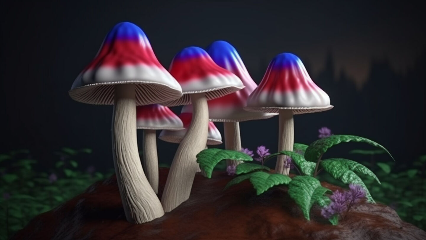 Patriotic mushrooms fruit vividly in the dreams of Midjourney AI.