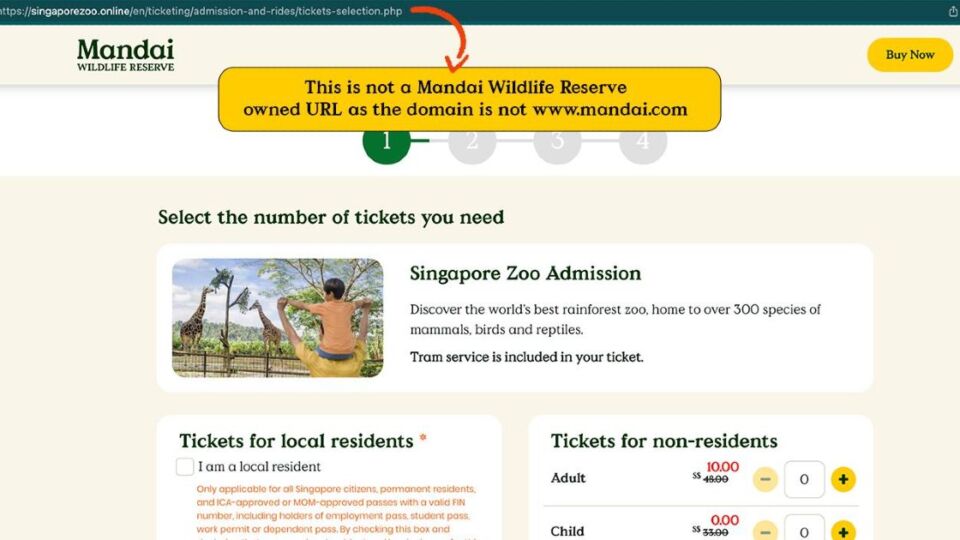 The fake website selling tickets to the Singapore Zoo for just S$10. Photo: Mandai Wildlife Reserve/Facebook
