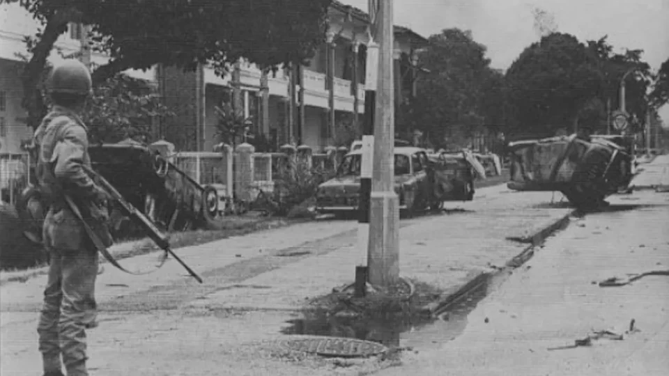 Cars torched on the streets of Kuala Lumpur on May 13, 1969. Photo: Asia Times 
