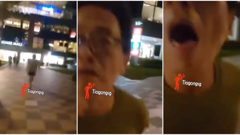 Screenshots from the clip showing a man coughing at another individual outside City Square Mall. Photos: Tiagong/Facebook
