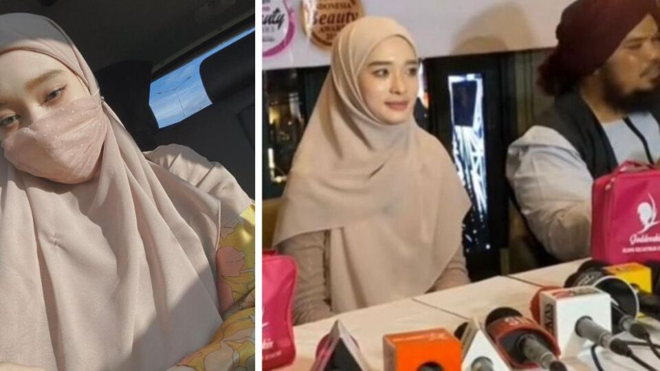 Left: Inara Rusli wearing a niqab. Right: Video screengrab of Inara removing her niqab for her modeling career.