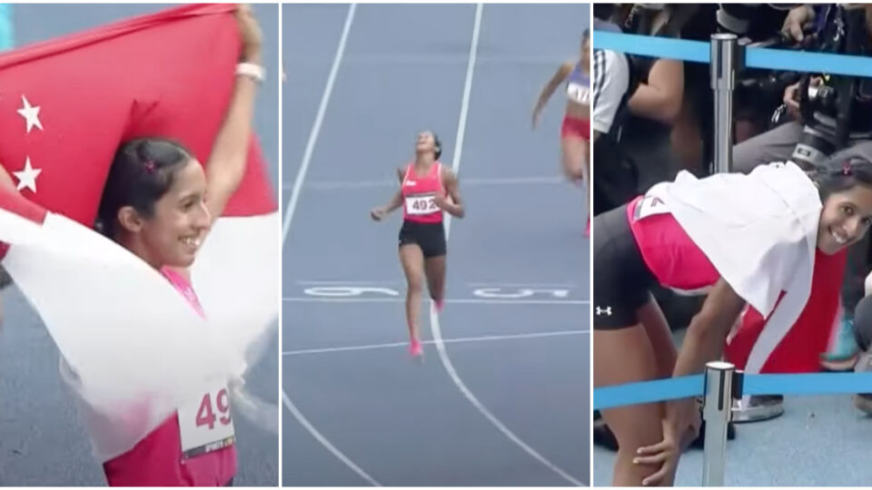 Singaporean sprinter Shanti Pereira competing in the 200m race at the SEA Games in Cambodia. Photos: Mediacorp/YouTube
