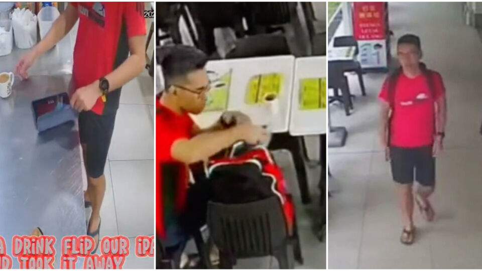 Screengrabs from the surveillance footage showing a man in red taking an iPad from a coffeeshop in Compassvale. Photos: Rasa Rasa Singapore/TikTok
