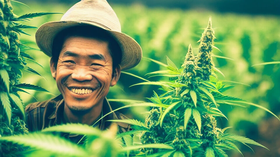 Our future artificial overlords did a splendid job rendering “Thai farmer smiles beside his abundant cannabis crop.” But it failed to render “Anutin smiles down from heaven.” Image: Midjourney 