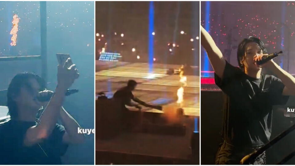 Screengrabs from videos of BTS’ Suga performing while the stage catches fire during a concert in Singapore. Photos: Kuyeos/Twitter, Vminkookswhore/Twitter
