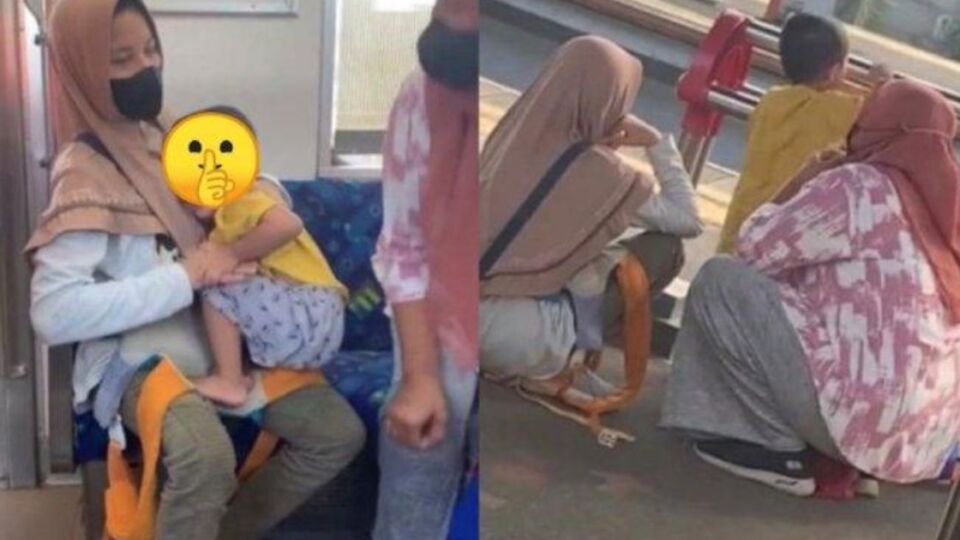 Screenshots from a viral video showing a woman and her tantrum-throwing son disembarking from a KRL Commuterline train on June 11, 2023.