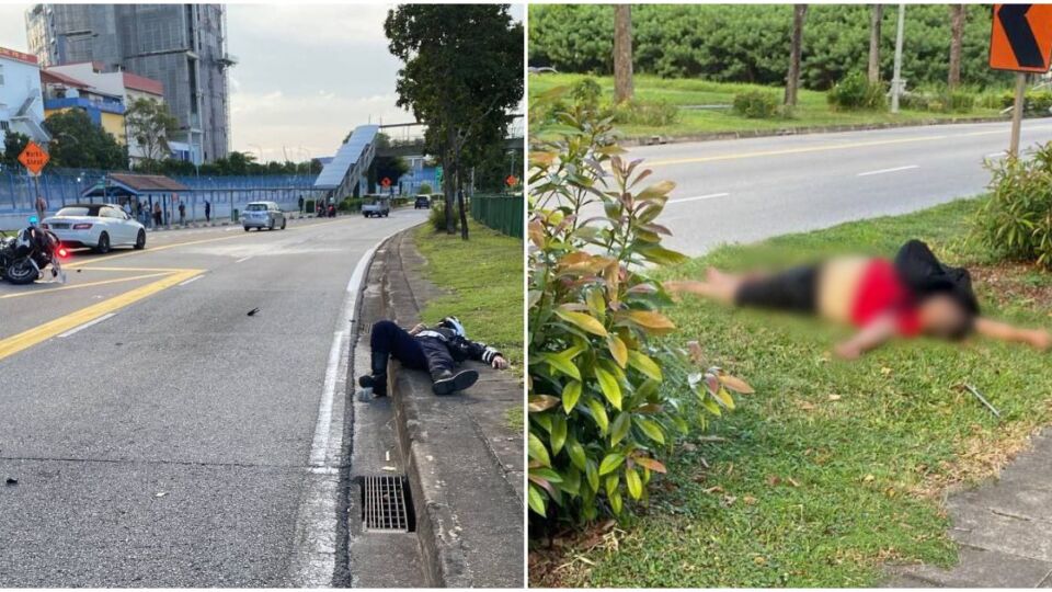 Photos showing the incident at Hougang Avenue 3 yesterday involving a 58-year-old man and a Traffic Police Officer. Photos: SG Road Blocks/Traffic News/Telegram
