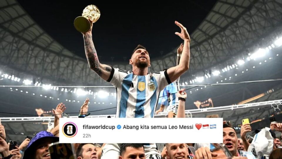 Lionel Messi celebrating Argentina’s 2022 World Cup triumph and a screenshot of FIFA’s Aldi Taher post.