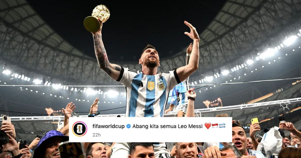 Lionel Messi celebrating Argentina’s 2022 World Cup triumph and a screenshot of FIFA’s Aldi Taher post.