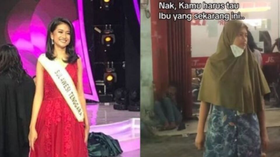 Lita Hendratno as a beauty pageant finalist vs her now, looking after her kids. Photo: Screengrabs from TikTok/@familytimeindonesia