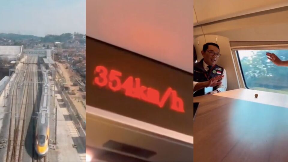 West Java Governor Ridwan Kamil riding on the Jakarta-Bandung high-speed train. Photo: Video screengrabs from Twitter/@ridwankamil