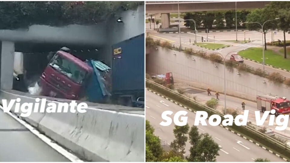 A truck crashes and flips along Clementi Avenue 6. Photos: SG Road Vigilante/Facebook
