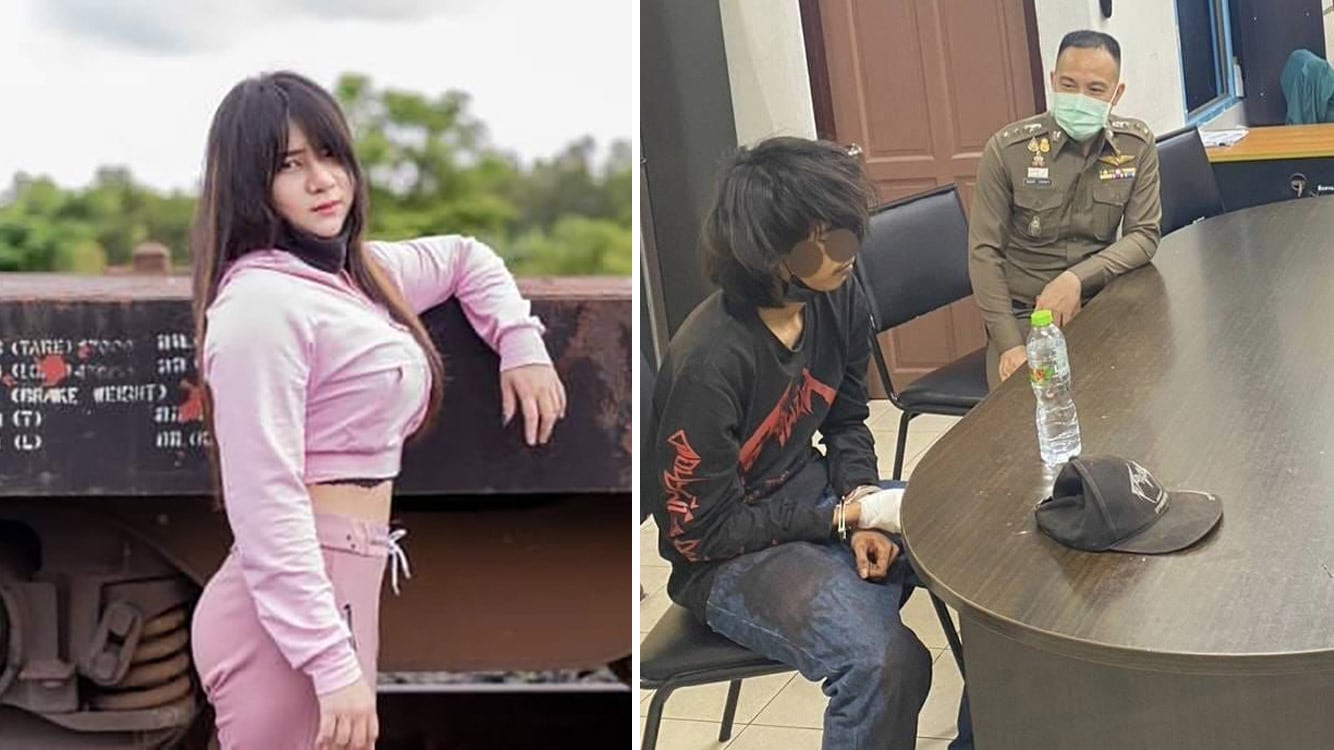 Thanida Upachai in a 2021 photo, at left. Her alleged killer, Suwat Thajohor, is questioned at right. Photos: Facebook, Royal Thai Police