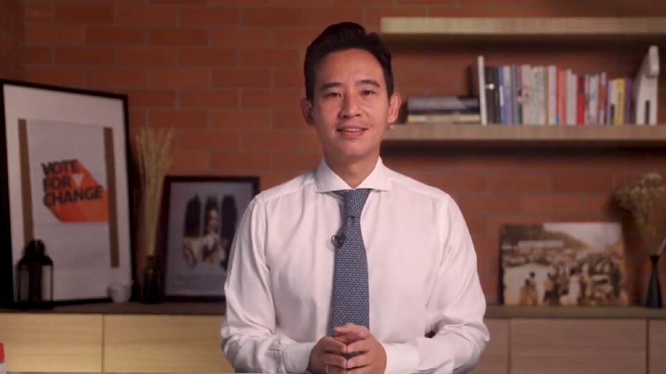 Pita Limjaroenrat speaks Tuesday morning in a recorded address. Image: Pita_MFP/Twitter