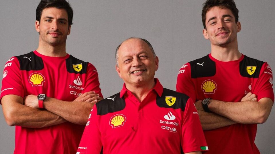 Drivers Carlos Sainz and Charles Leclerc with Team Principal Frederic Vasseur. Photo: Instagram/Scuderia Ferrari