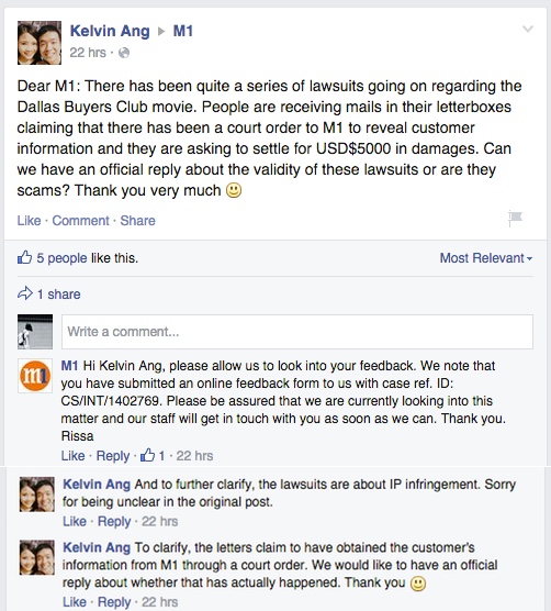 M1 customers are receiving threatening letters for illegally downloading 'Dallas Buyers Club'