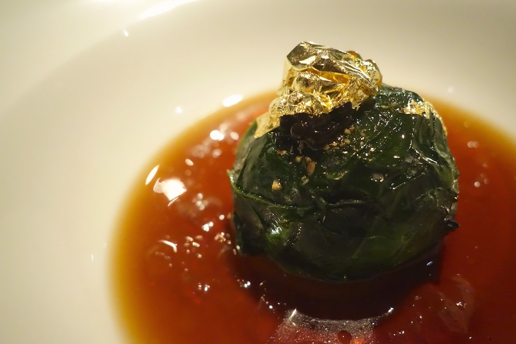 Maine lobster-scallop rouelle, with jellied lobster consommé and Yuzu gel