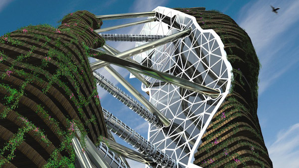 Rice paddy skyscraper close up