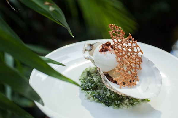 Ebisu oyster with Seaweed, Potatoe and Shallot slaw in Cloud with Chipolata Crumble