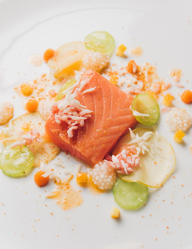 Confit salmon with vanilla tapioca, grapefruit and pomelo