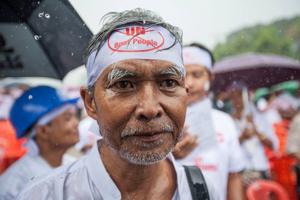 Older man at anti-Rohingya rally in Yangon on May 27, 2015. PHOTO/COCONUTS YANGON