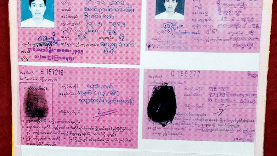 Two of the four NRC’s that were found on Zayar Phyo. Photo: Facebook / Ministry of Information