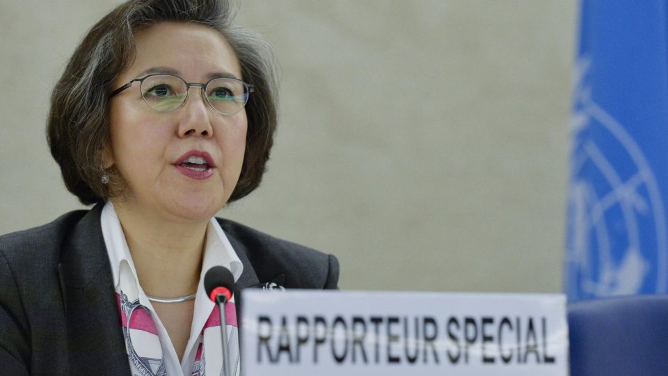 Yanghee Lee,  Special Rapporteur on the human rights situation in Myanmar present’s his report at a the 28th Session at the Human Rights Council. Photo: UN Photo / Jean-Marc Ferré