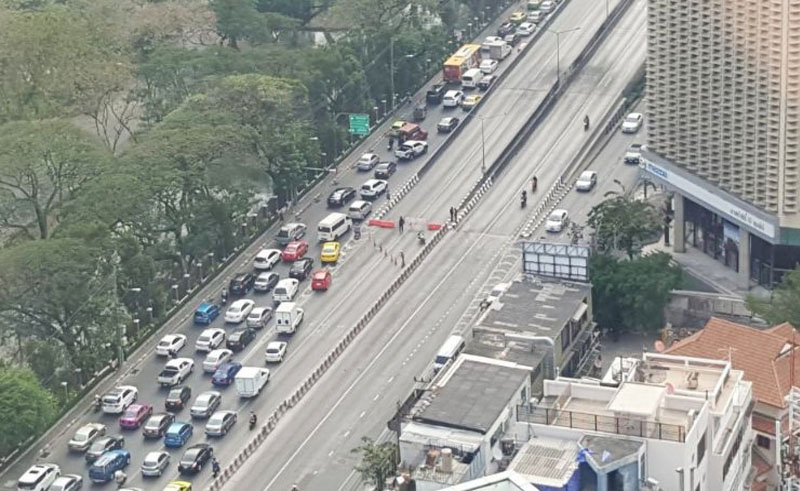 The Thai-Belgian Flyover was yesterday after garbage bins stored under it caught on fire. Photo: FM91