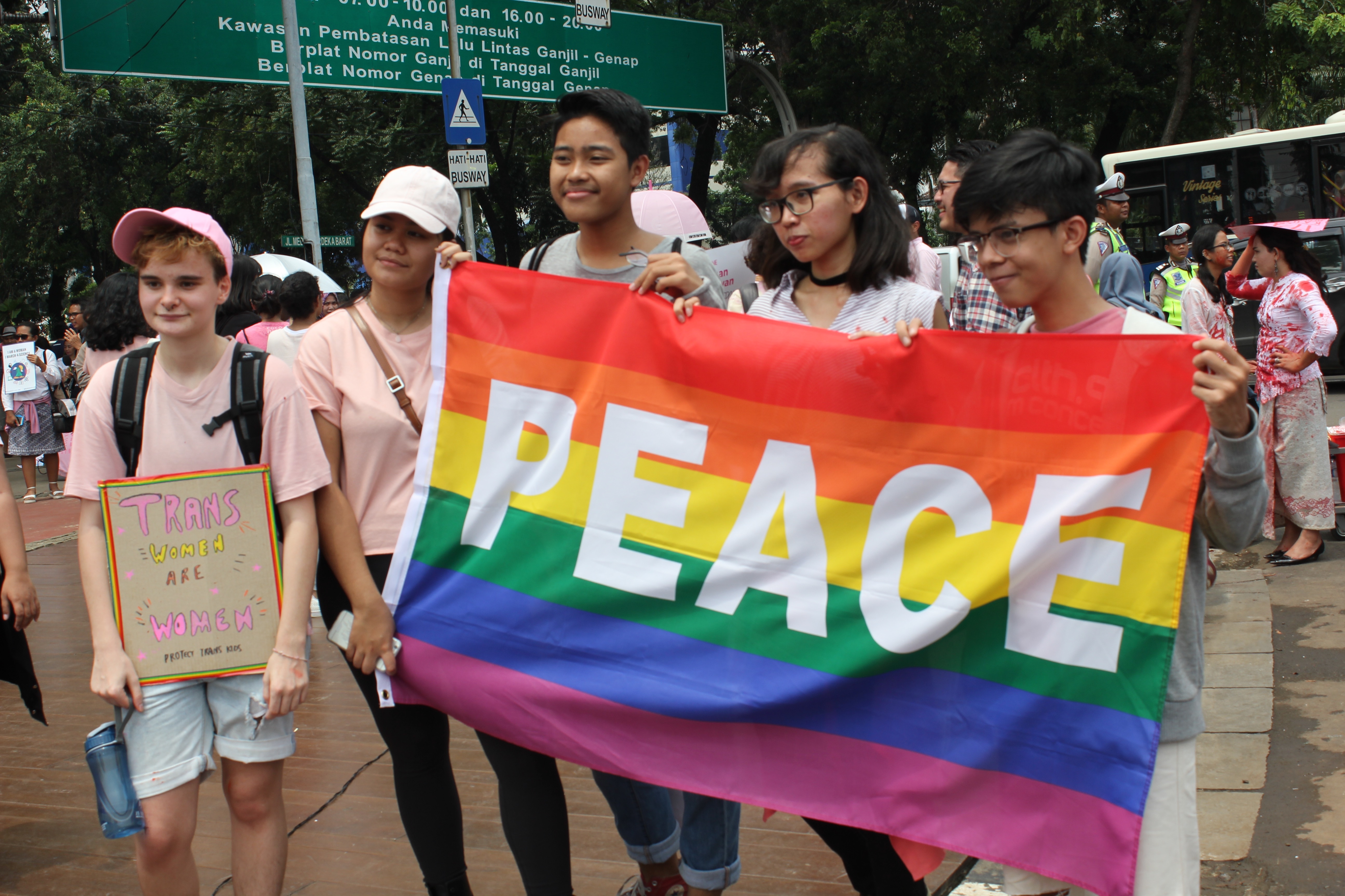 Protesters carrying a pro-LGBT sign during the Jakarta Women's March in 2017. Photo: Coconuts Media / Andra Nasrie