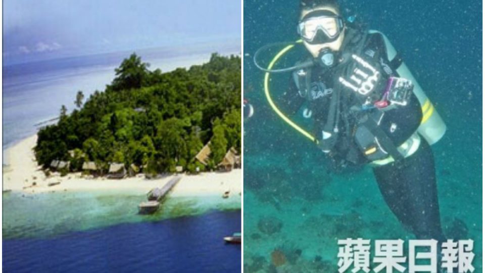 Sipadan Island, Malaysian Borneo (L) and Ng Chi-ming on a previous dive (R) Photos: Oscar K via Wikipedia, Apple Daily screenshot