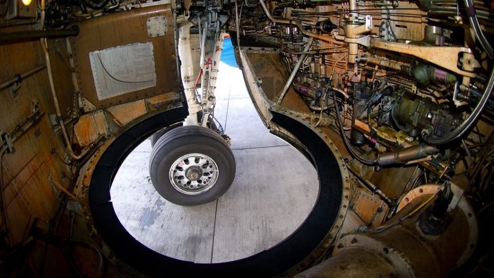 Interior of an airplane wheel well. Photo illustration.