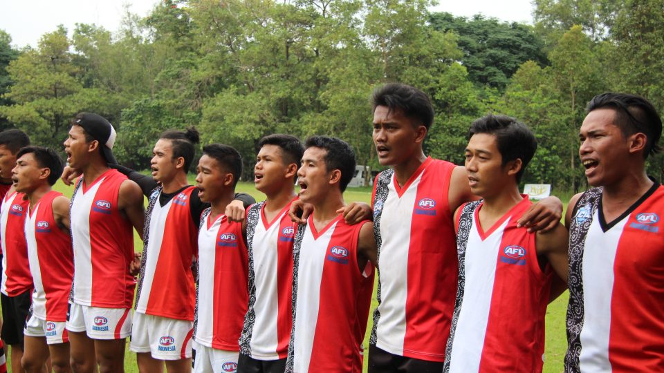 Indonesia Garudas players singing the National Anthem before their match with the Jakarta Bintangs on January 28, 2017. Photo: Luke Michael / Coconuts Media