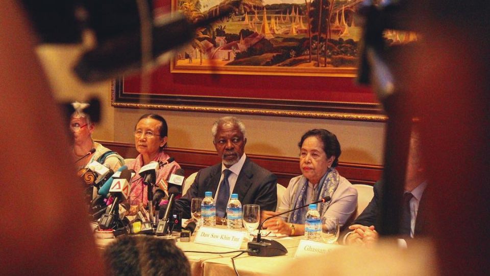 Kofi Annan appears at a press conference hosted by the Advisory Commission in Yangon. Photo: Jacob Goldberg