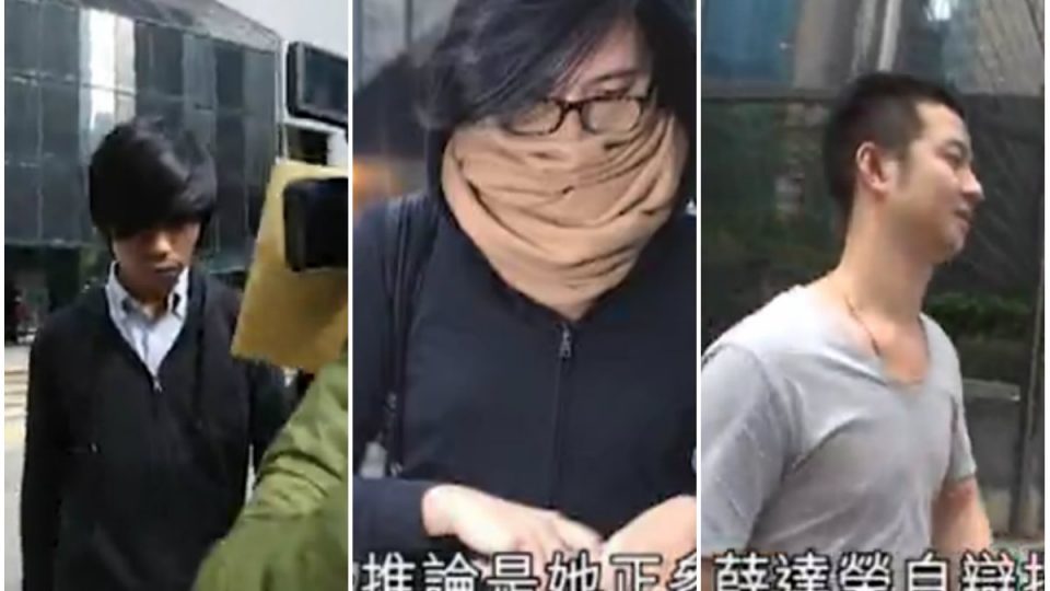 Defendants Mak (L), Hui (C) and Sit (R) leaving District Court yesterday. Screenshots: Apple Daily