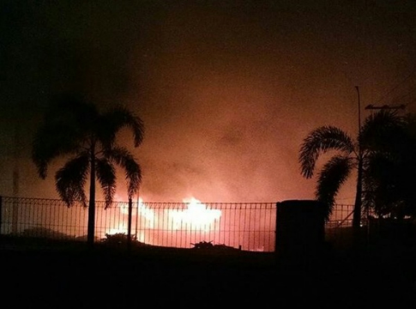 Boats in Bali’s Benoa Harbor are in engulfed in flames on March 19, 2017. Photo: Instagram via Info Denpasar
