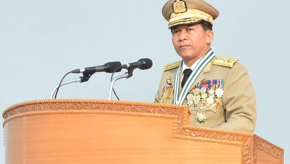 Commander-in-Chief Senior General Min Aung Hlaing speaks at a military parade in honor of Armed Forces’ Day in Naypyidaw. Photo: Facebook / Senior General Min Aung Hlaing