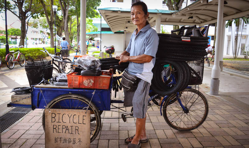 Yeo Lim Kuang has been in the bicycle repair trade for over 50 years. Without a physical storefront, he travels between Upper Aljunied, Whampoa and Punggol to fix at least 15 bicycles a day.