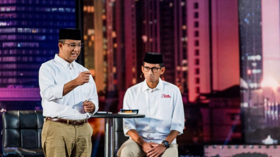 Anies Baswedan and Sandiaga Uno at the Jakarta Gubernatorial debate on January 13, 2017. Photo: Reuters via Antara