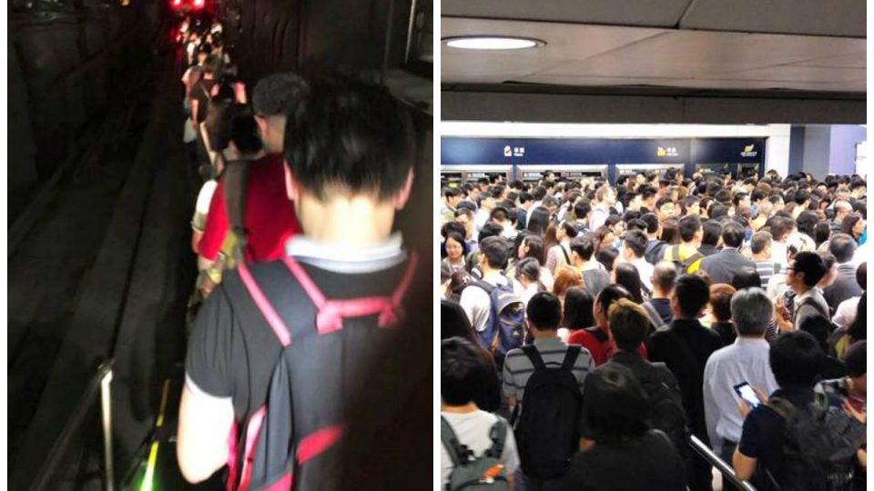 Passengers walking along the dark tracks to the nearest platform, and affected commuters waiting to board trains at Kowloon Bay Station. Photos: LiHK/Yhy Daniel via Facebook