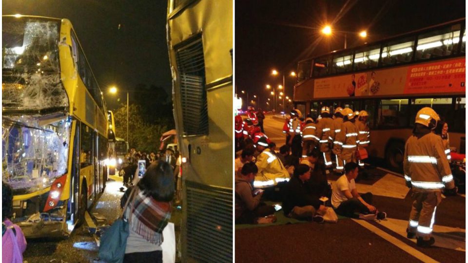 The damaged Citybus (L) and injured people on the ground as firefighters arrive to rescue a stranded passenger. Photos: Carlok Bee via Facebook