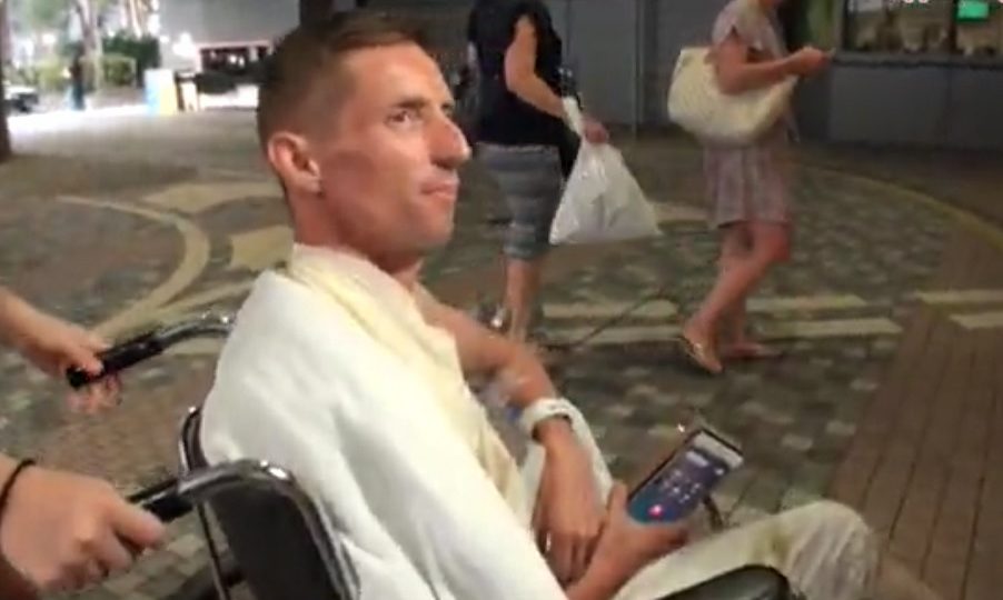 Rawiller speaking to reporters at the hospital. Screenshot: Apple Daily