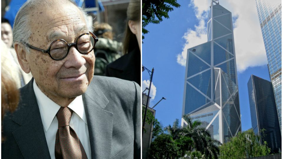 I. M. Pei viewing a project at Ellis Island, New York in 2004 and the Bank of China Tower, one of his most famous works, in the Central district of Hong Kong. Photo: Paul Hawthorne/AFP and WiNG via Wikimedia Commons